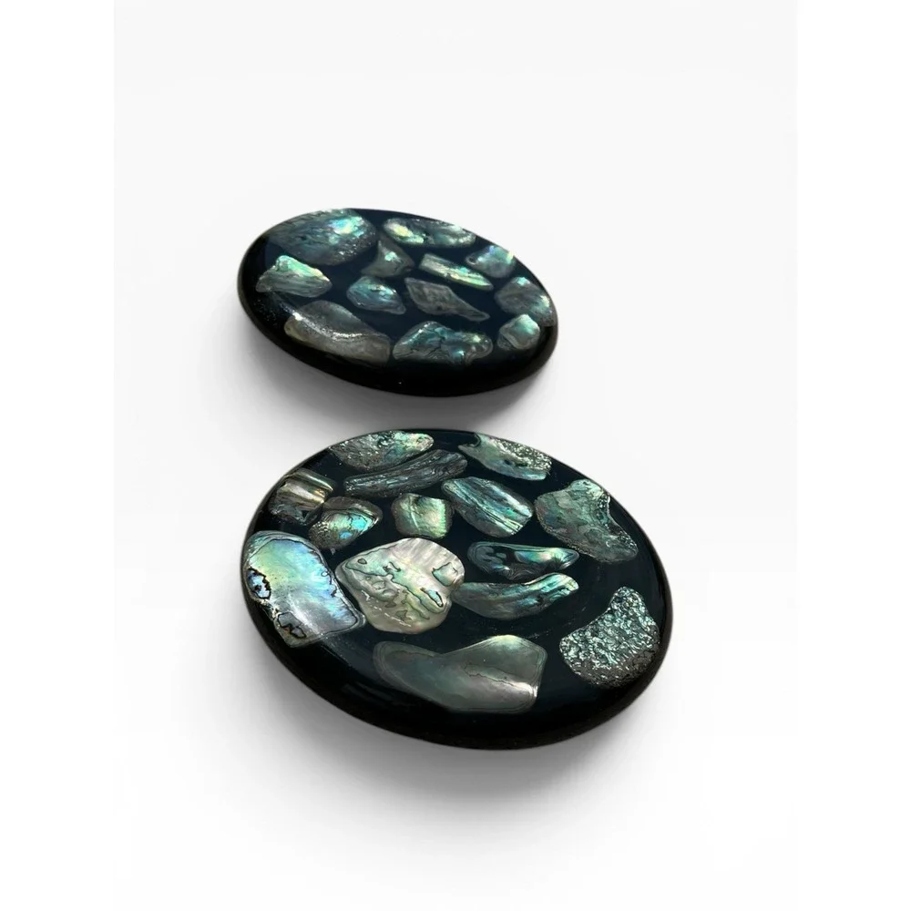 Set Of 2 MCM Lucite Abalone Shell Trivets Hot Plates Original Label Wondermold